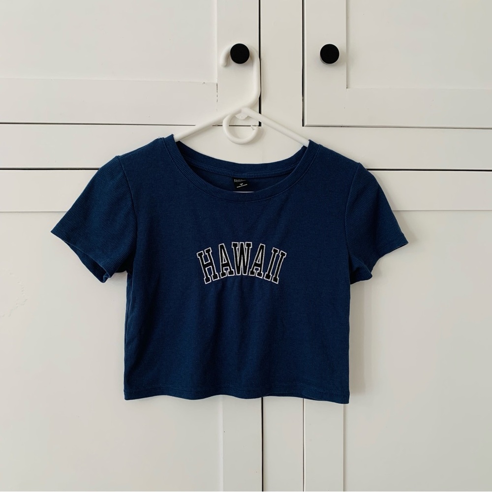 Dazy Blue Ribbed Hawaii Crop Top Size Small